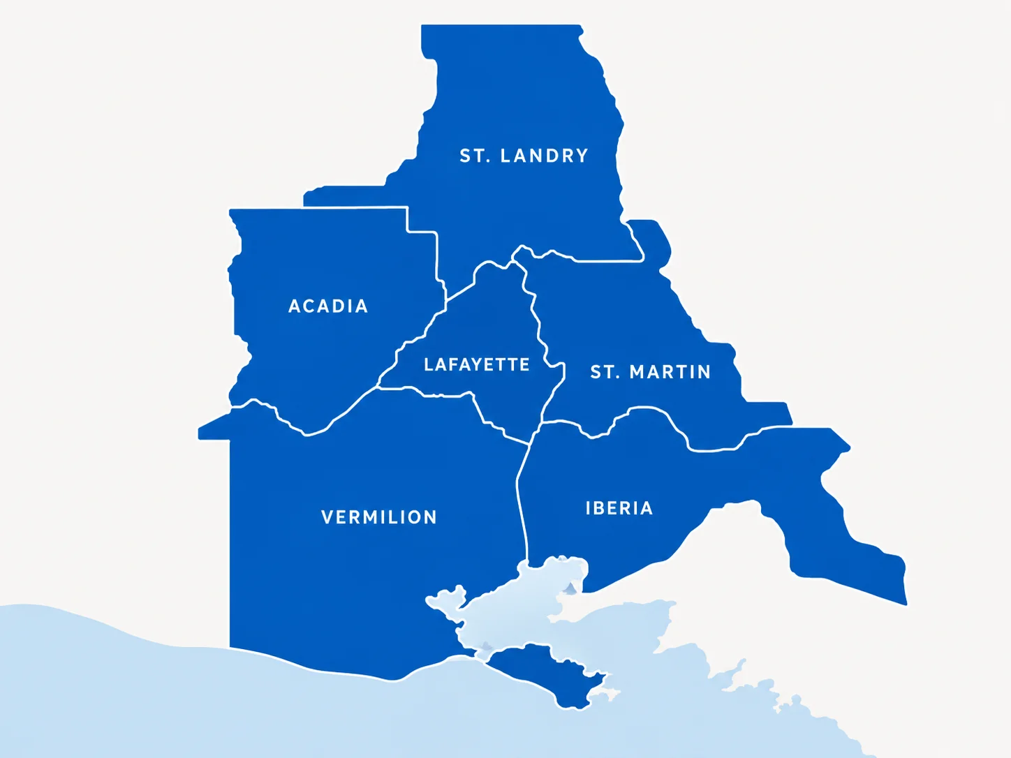 Map of the parishes we serve: Lafayette, St. Martin, Iberia, Vermilion, Acadia and St. Landry